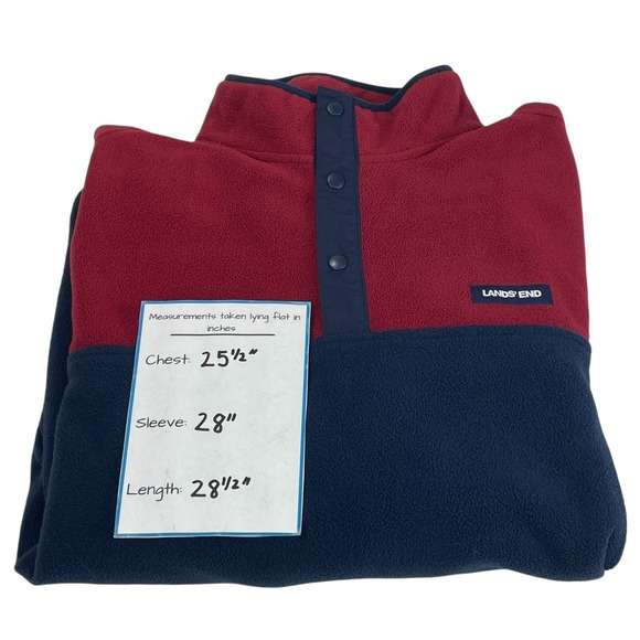 Lands' End Men's Large Fleece Snap Pullover Red Navy Colorblock Oeko-Tex - Picture 3 of 11